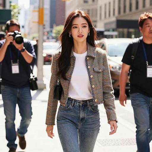 Photograph of an Asian woman with long black hair, wearing a white top, textured gray jacket, and blue jeans, walking confidently in a sunlit