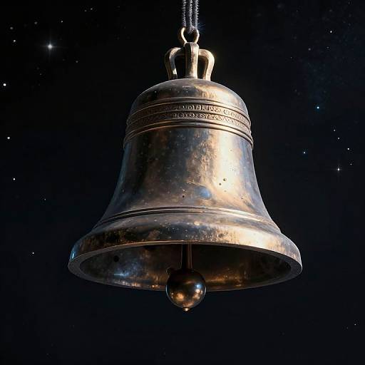 Photograph of a silver bell with a shiny, slightly worn surface, hanging by a black rope against a starry night sky.