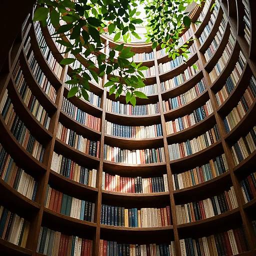 Photograph of a circular wooden library with multicolored books, sunlight filtering through leafy branches overhead, creating a serene, academic atmosphere.