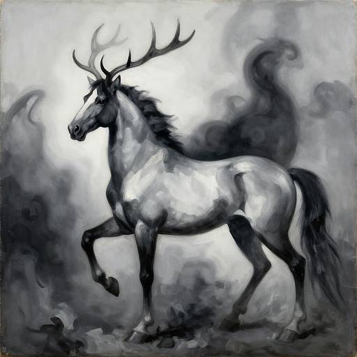 Monochromatic digital painting of a majestic, antlered horse with flowing mane, standing amidst swirling black and white smoke.