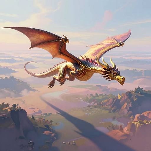 Digital painting of a golden dragon with red wings soaring over a sunlit, mountainous landscape with scattered villages and lush valleys.