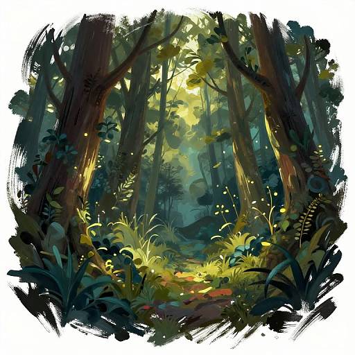 Digital painting of a dense, sunlit forest with tall, dark trees, glowing yellow light filtering through leaves, and glowing fireflies among lush green foliage