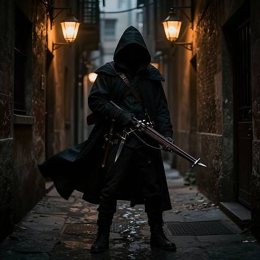 Photograph of a hooded figure in dark raincoat, wielding a rifle, standing in a dimly-lit, narrow, wet alley with glowing