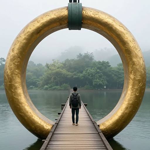 Photograph: Back view of a person in black clothes walking on a wooden pier, framed by a large, golden, circular sculpture, leading to a