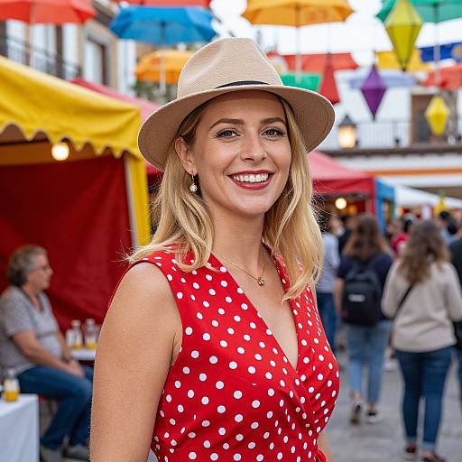 Photograph of a smiling blonde woman with fair skin, wearing a beige hat and red polka-dot dress, standing in a vibrant, colorful outdoor market