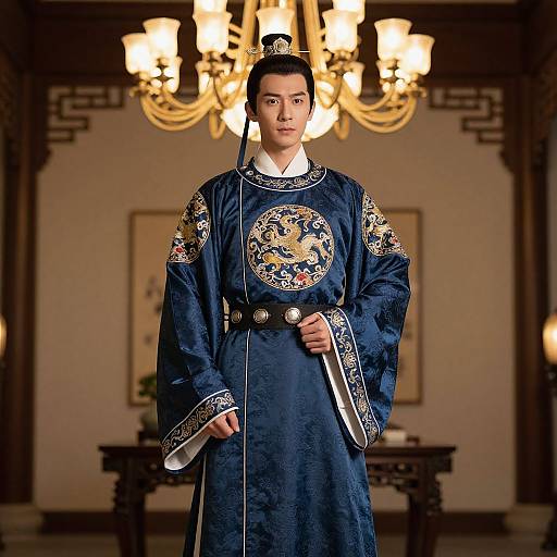 Photograph of a serious Asian woman in traditional blue Chinese imperial robe with gold embroidery, standing in an ornate room with a chandelier.