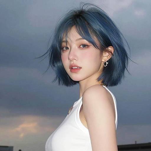 Young Woman with Blue Bob Cut Hair Outdoors