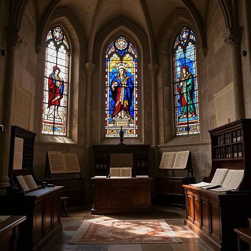 Photograph of a dimly lit, Gothic-style church interior with three vibrant, stained glass windows depicting biblical scenes, surrounded by dark wooden pews and