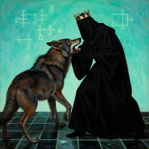 Digital artwork: Dark-robed figure with crown snarling at snarling wolf, blue abstract background, geometric symbols, black tiled floor.