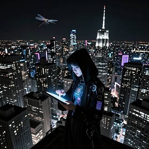 Cyberpunk woman with glowing blue patterns, hooded jacket, and tablet, overlooks a neon-lit cityscape with a dragonfly drone in