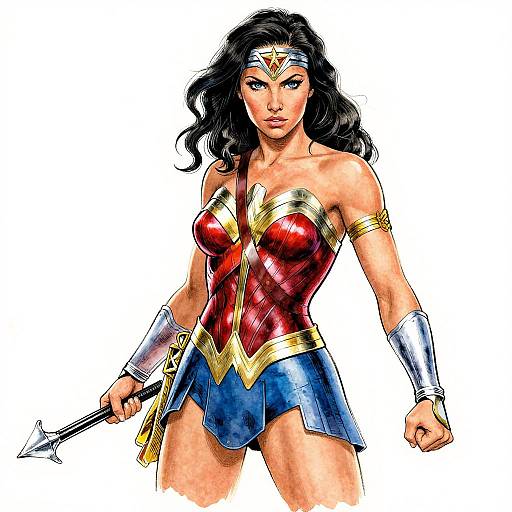 Colorful comic-style drawing of Wonder Woman: Black-haired, blue-eyed, red corset, gold accents, blue shorts, silver bracelets, holding sword
