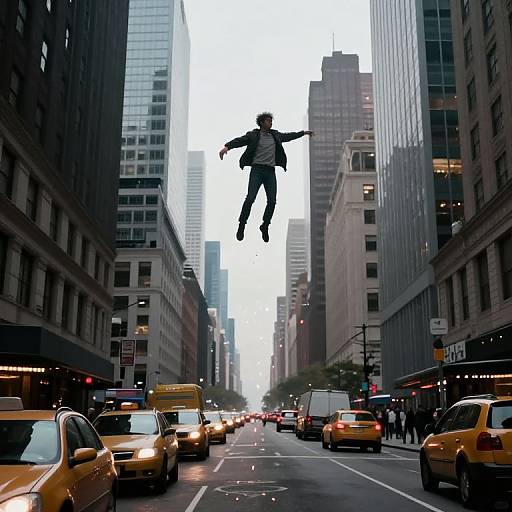 Gravity-Defying Figure Above City