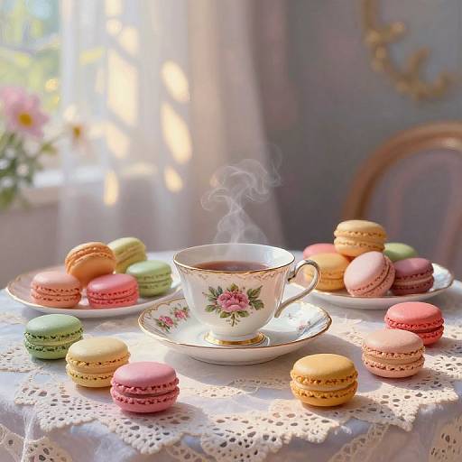 Pastel Macarons with Floral Teacup on Lace Tablecloth