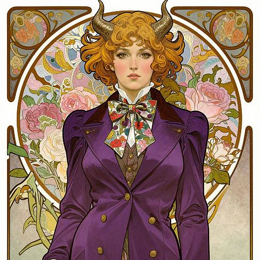 Digital illustration of a red-haired woman with curled hair, small horns, wearing a purple jacket and floral bowtie, set against a circular floral background.