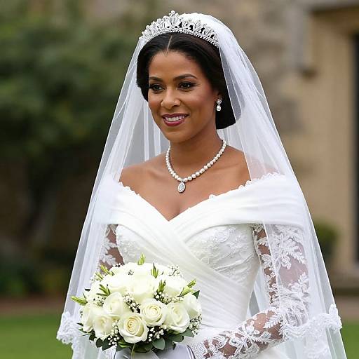 Photograph of a smiling Black bride in a white lace off-shoulder wedding dress, veil, pearl necklace, holding white rose bouquet, outdoor garden