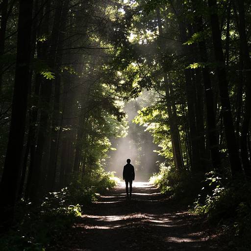 Silhouetted Figure on Sunlit Forest Path