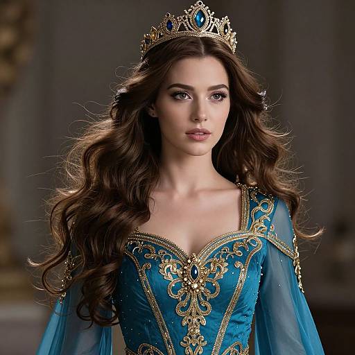 Photograph of a beautiful woman with long, wavy brown hair wearing a blue, gold-embellished gown and a jeweled crown, looking