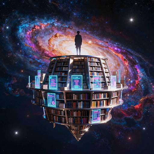 Digital art: Silhouetted figure stands on a floating, book-filled spaceship surrounded by vibrant, swirling cosmic nebulae and starry space.