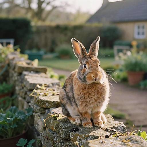 Photograph of a fluffy, brown and black striped rabbit sitting on a mossy stone wall in a sunlit, blurred garden.