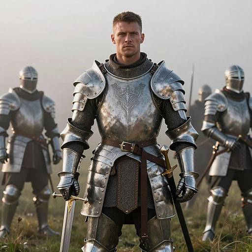 Photograph of a muscular, serious-looking man in silver medieval armor with a sword, standing in a grassy field, flanked by three armored knights