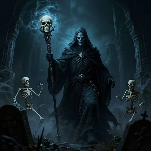 Digital artwork of a dark-robed figure with glowing blue skull staff, surrounded by floating skeletons in a foggy, Gothic graveyard.