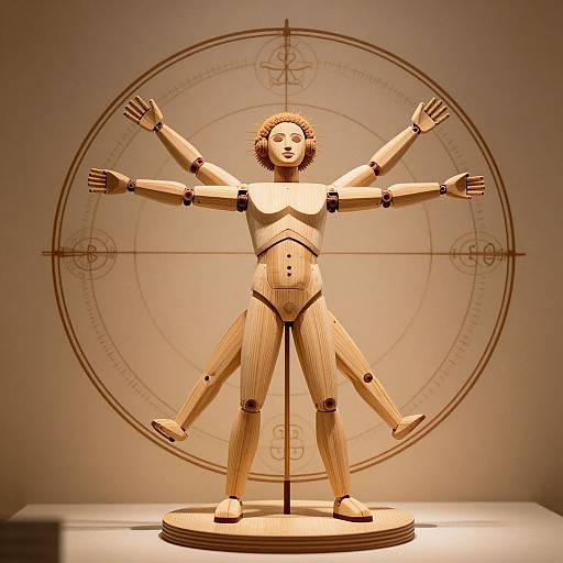 Wooden, six-armed robot sculpture with outstretched arms, standing on a circular base, illuminated against a circular geometric background. Photographic image