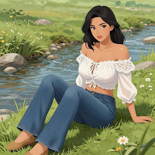 Digital illustration of a dark-haired woman with tan skin, wearing a white off-shoulder crop top and blue jeans, sitting by a grassy stream