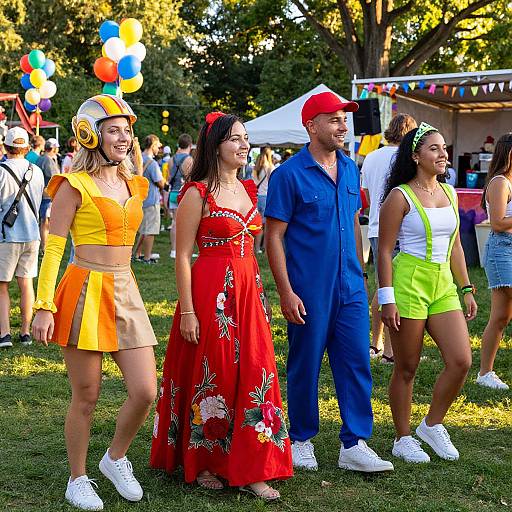 Photograph of four people in colorful costumes at an outdoor festival: woman in yellow cheerleader outfit, woman in red floral dress, man in blue jumps