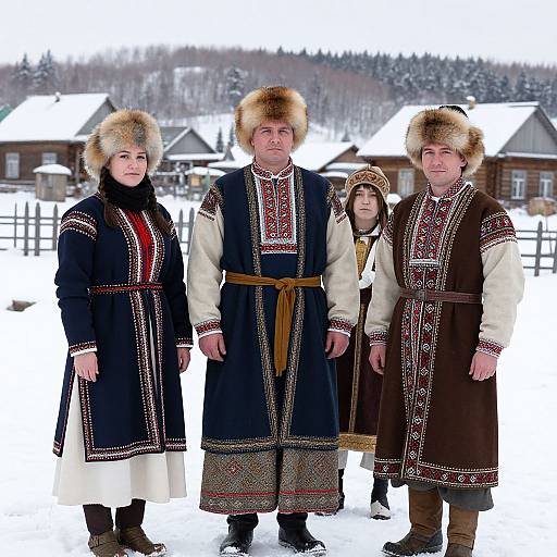 Photograph of four Eastern European people in traditional winter clothing with fur hats, standing in a snowy village with wooden houses.