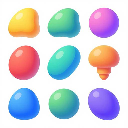 Digital illustration of nine glossy, colorful, 3D spheres in a 3x3 grid: yellow, green, purple, red, teal,