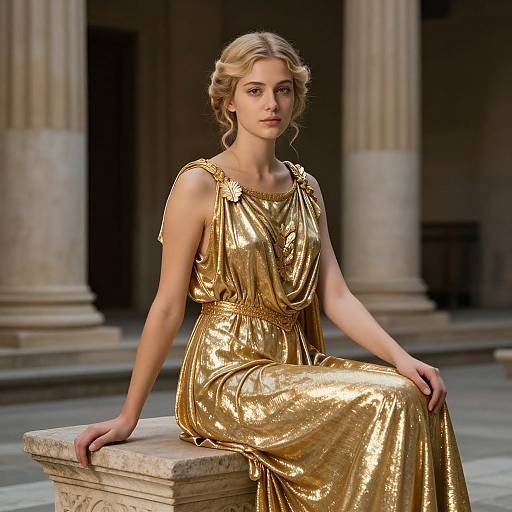 Photograph of a blonde woman with wavy hair in a shimmering gold gown, seated on a stone column in a classical architectural setting with tall columns