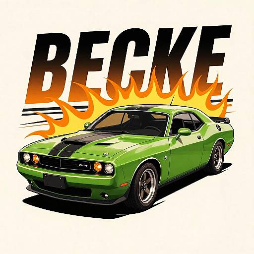 Digital illustration of a green muscle car with black stripes, flames behind, and 