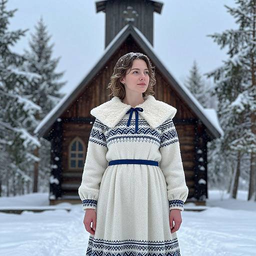 Photograph of a young woman with curly brown hair, wearing a white, Nordic-style dress with blue patterns, standing in front of a wooden, snow