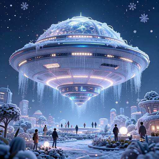 Digital CGI of a glowing, snow-covered UFO hovering above a snowy, starry night landscape with people gathering around, illuminated by blue and white lights.