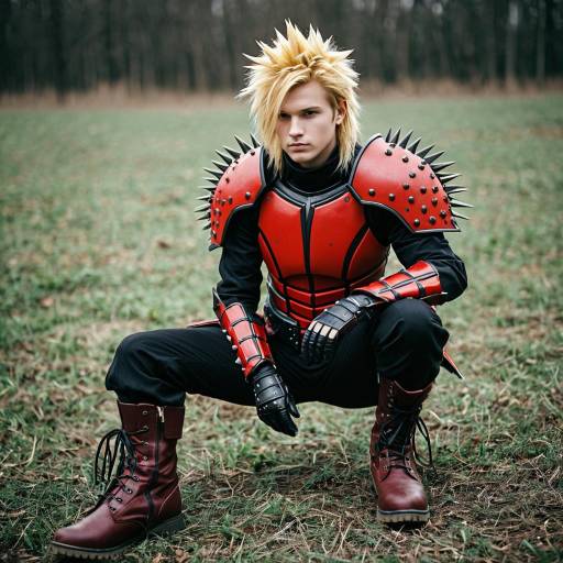 Cosplayer in Spiky Blonde Hair and Red Armored Costume