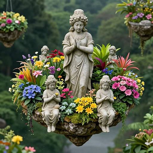 Photograph of a detailed stone garden statue of a serene woman with curly hair, flanked by two cherubic children, surrounded by vibrant colorful flowers,