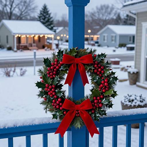 Photograph of a festive holiday wreath with red berries and bows, hung on a blue porch rail, against a snowy suburban background.