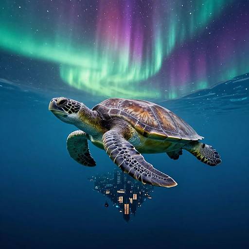 Photograph of a sea turtle swimming underwater, surrounded by vibrant aurora borealis lights, with a digital cityscape below.