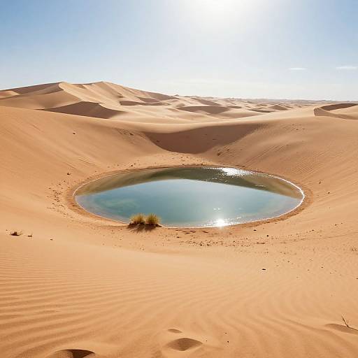 Photograph of a bright, circular oasis in an expansive, sunlit desert with rippled sand dunes under a clear blue sky.