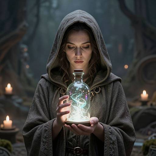 Mysterious woman in a hooded gray cloak holds a glowing glass bottle in a dark, enchanted forest with candles. Digital artwork.