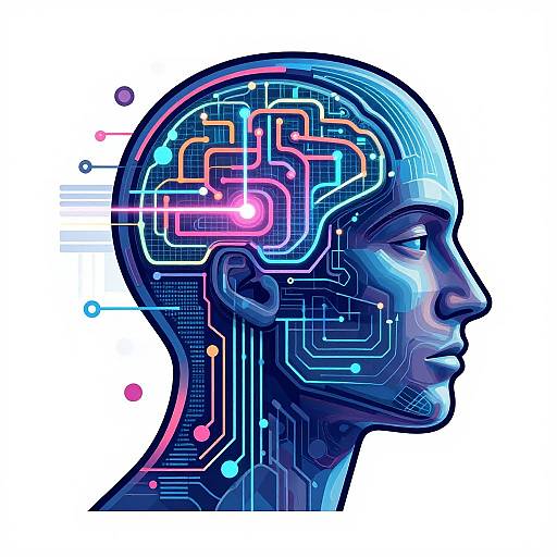 Digital artwork of a blue and purple human head profile with neon circuitry patterns inside the brain, set against a white background. Cybernetic, futuristic