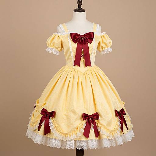 Photograph of a vintage-style, cream-yellow dress with puffed sleeves, white lace trim, and five deep red bows on the skirt, displayed on