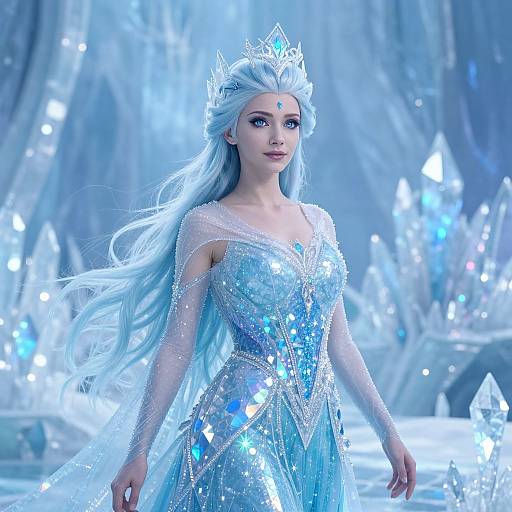 Digital artwork of a fair-skinned, blue-eyed, long silver-haired woman in a sparkling ice queen gown with crown, surrounded by glowing ice crystals.