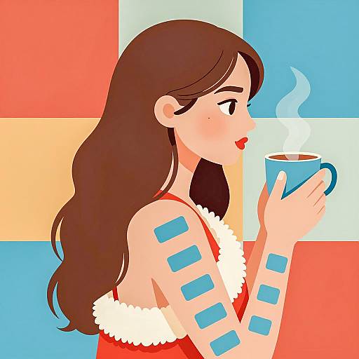 Woman Holding Steaming Mug with Abstract Pattern