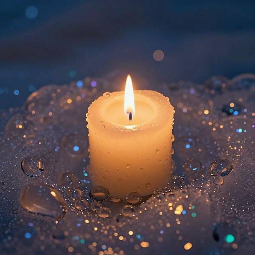 Photograph of a glowing, orange, wax-covered candle surrounded by sparkling water droplets on a dark, blue background.