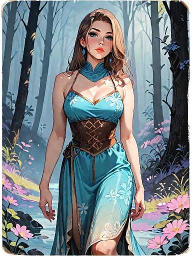 Fantasy Woman in Blue Dress in Dark Forest