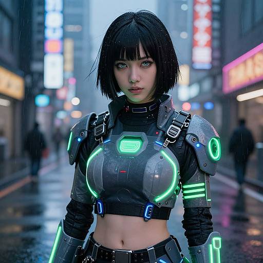 Cyberpunk-themed photograph of a young woman with black bob haircut, glowing neon armor, and green-lit chest plate, standing in a rain-so
