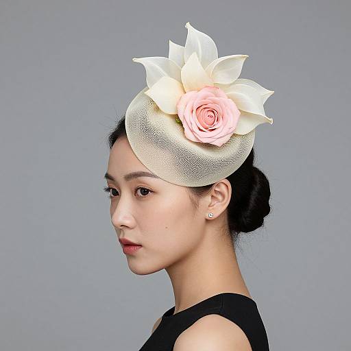 Photograph of an East Asian woman with fair skin, black hair in a bun, wearing a black dress and a white, textured hat adorned with a