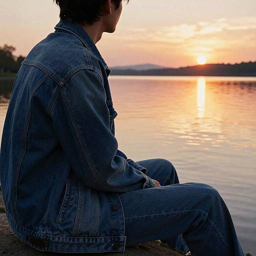 Photograph of a man in a blue denim jacket and jeans, sitting on a dock, silhouetted against a sunset over a calm lake.