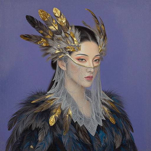 Digital portrait of a pale-skinned woman with dark hair, wearing a gold and black feathered headpiece, lace veil, and dark fur cloak,